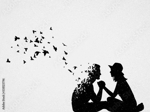 Lovers and flying birds. Death, afterlife. Abstract people silhouette