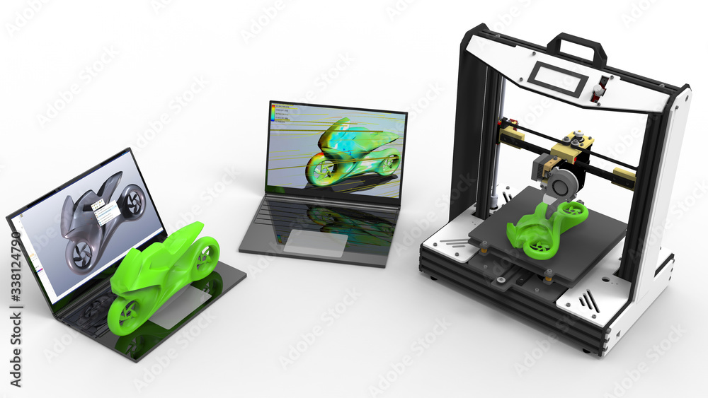 3D rendering - prototype of a motorcycle using 3D printers Stock ...