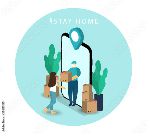 Delivery service. Courier home delivery. Safe shipping. Quarantine. Stay at home.