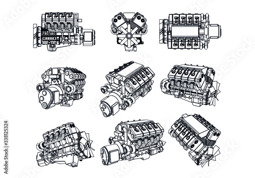 Vector illustration of a geometric polygonal V8 engine. Linear engine.