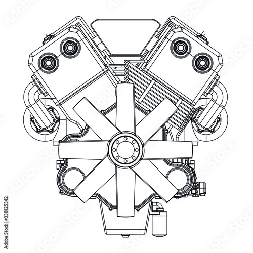 Vector illustration of a geometric polygonal V8 engine. Linear engine.