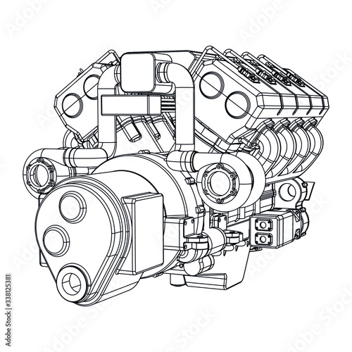 V8 Car Engine Cartoon Illustration Outline: ilustrações stock 177457106