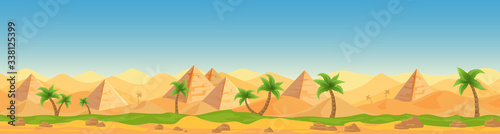 Egyptian desert Panoramic view cartoon vector illustration landscape  banner. Similar pattern panorama Afro Asian tourist country  hot weather  sand  blue sky  dunes  pyramids  palms game style