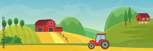 Rural landscape panorama with farm cartoon flat vector illustration concept. Panoramic Countryside fields, trees, high hills, red houses. Tractor on dirt road outroad in foreground