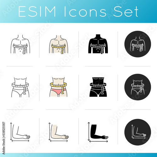 Male and female body sizing icons set. Linear, black and RGB color styles. Arm length, man chest and woman waist circumferences. Tailor parameters for bespoke clothing. Isolated vector illustrations