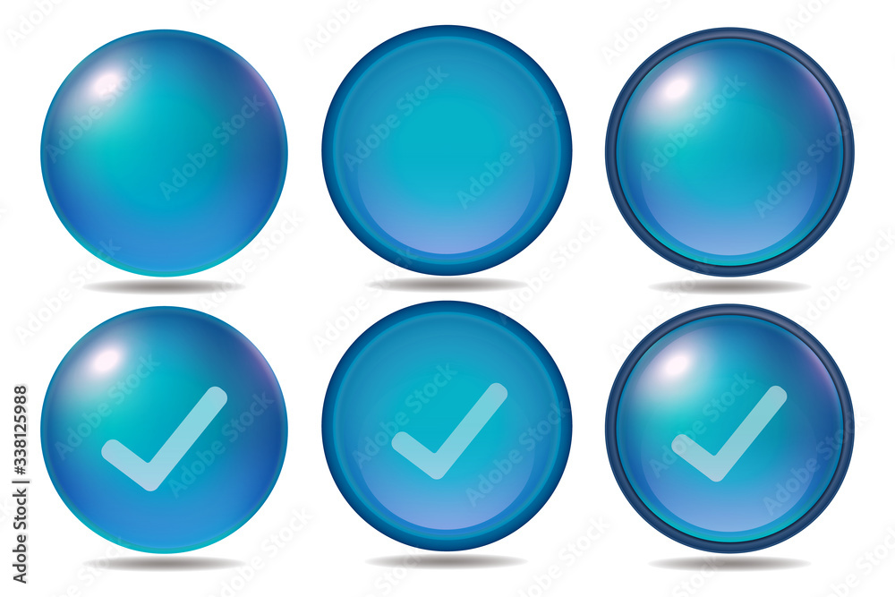 青色のアイコン　ボタン　チェック　ベクターセット