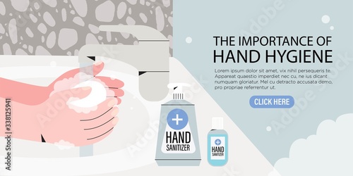 Coronavirus or covid-19 protective measures and hand hygiene banner, poster, flyer concept. Male or female hands are washed with antibacterial soap at home in bathroom. Alcohol-based sanitizer bottle.