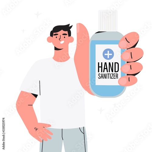 Healthy man character hold in clean hands antibacterial sanitizer bottle with alcohol isolated on a white background. Coronavirus or covid-19 protective measures and hand hygiene concept.
