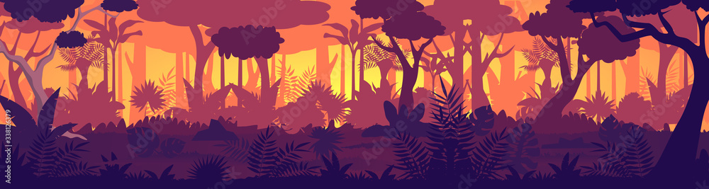 Fototapeta Vector Tropical jungle sunset silhouette panorama background. Golden Sun rays in wild forest, lush vegetation become dark. Trees, lianas, grasses change colors from light to night shadows game design