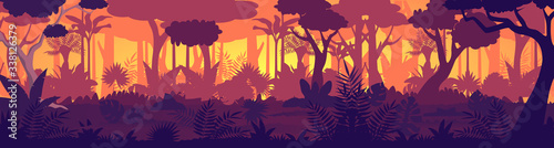 Vector Tropical jungle sunset silhouette panorama background. Golden Sun rays in wild forest, lush vegetation become dark. Trees, lianas, grasses change colors from light to night shadows game design
