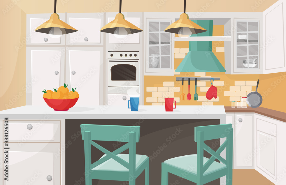 Kitchen interior in traditional design flat cartoon vector illustration.  Cozy atmosphere, brick decorated wall, cute form cabinet doors, rough  wooden chairs, furniture, kitchenware Stock Vector | Adobe Stock