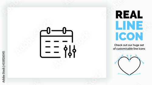 Editable line icon of a agenda with settings part of a huge set of customisable linear icons and modern stick figure people