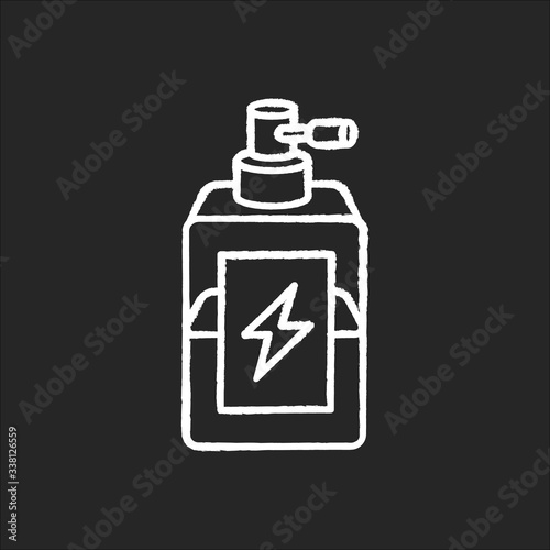 Antistatic hair sprayer chalk white icon on black background. Liquid product in container for winter haircare. Chemical cosmetic formula for hair treatment. Isolated vector chalkboard illustration