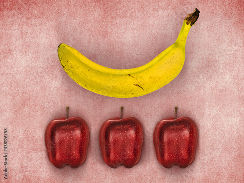 Knolling food of banana and apple pattern with textured background photo