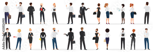 Business people conversation at pandemic cartoon vector illustration set. White and black men and women in mask, in formal suit discuss talking at distance to protect from coronavirus infection