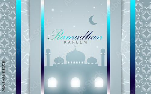 Ramadan Kareem islamic wishes celebration background. Invitations template design with luxury and elegant style. Vector illustration graphic layout can use for greeting card, poster, flyer, banner 