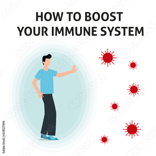 Immune system boost vector illustration. Health bacteria virus protection. Medical prevention human germ. Healthy man reflect bacteria attack with hand. Boost Immunity with medicine concept.