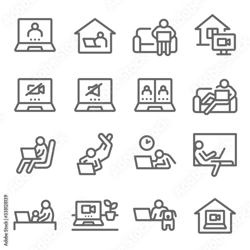 Work from home icon set vector illustration. Contains such icon as conference call, video call, online meeting, working space, freelance in comfortable conditions and more. Expanded Stroke