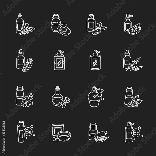 Hair oils chalk white icons set on black background. Hydrolyzed wheat protein cosmetic product. Almond extract for haircare. Argan oil for nourishment. Isolated vector chalkboard illustrations