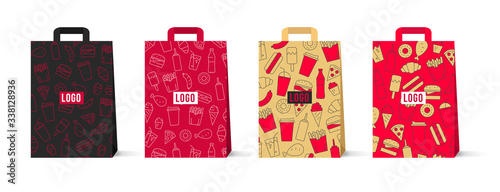 Vector paper bag mockup set with fast food and drinks line icon pattern illustration in different color