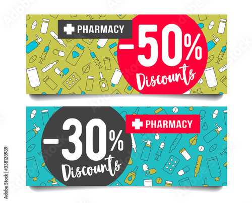 Advertising promotion vouchers with discount interest and drug medical line icons on the backdrop with torn-off part, sale invitation template