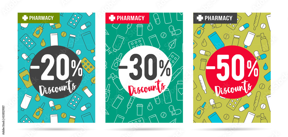 Promotion posters for drugstore or pharmacy with discount interest and medical icons pattern on the backdrop, three color options