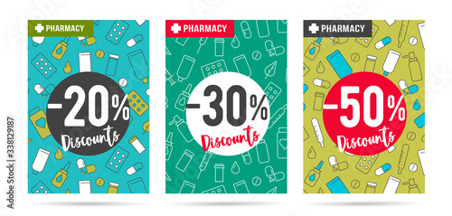 Promotion posters for drugstore or pharmacy with discount interest and medical icons pattern on the backdrop, three color options
