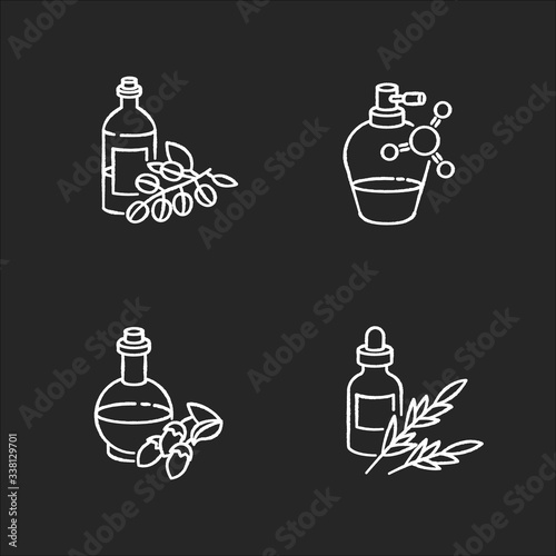 Hair oils chalk white icons set on black background. Antistatic sprayer in bottle. B5 panthenol ointment. B7 biotic cosmetic product. Liquid silicon. Isolated vector chalkboard illustrations