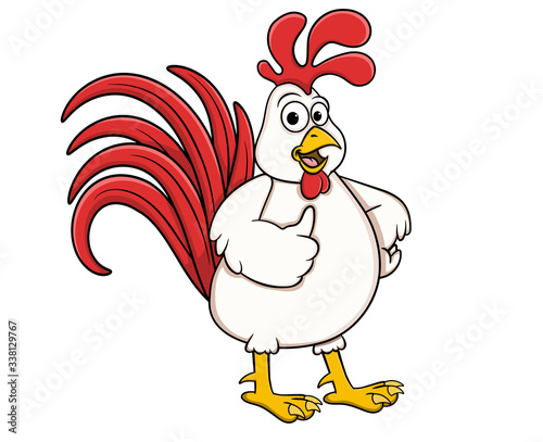cartoon white rooster with red tail shows like.vector isolated on white background