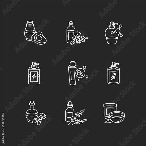 Hair oils chalk white icons set on black background. Hydrolyzed wheat protein. B7 biotin treatment. Herbal product for haircare. Shampoo, conditioner. Isolated vector chalkboard illustrations