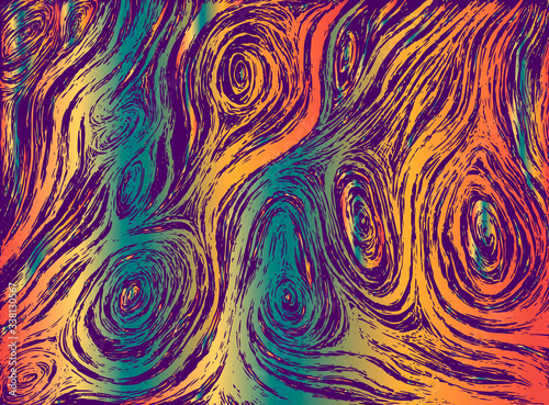 Psychedelic abstract waves decorative texture.  Hippie trippy pattern, maze of ornamental wavy, bright gradient rainbow color illustration.