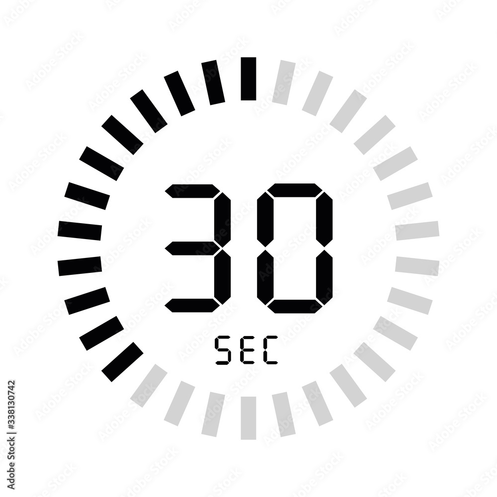 Digital timer 30 seconds. Stopwatch vector icon. Clock and watch, timer  isolated in white background. Stock Vector