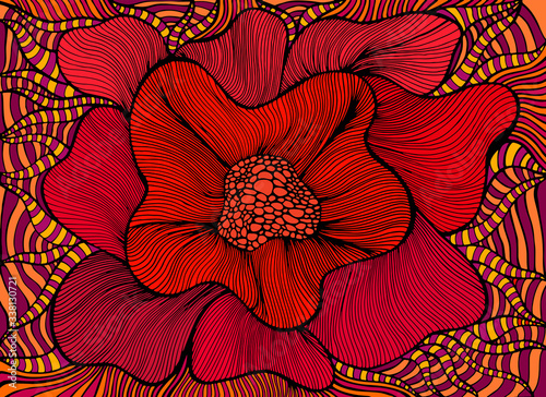 Red artistic decorative blooming flower. Bohemian stylish card.