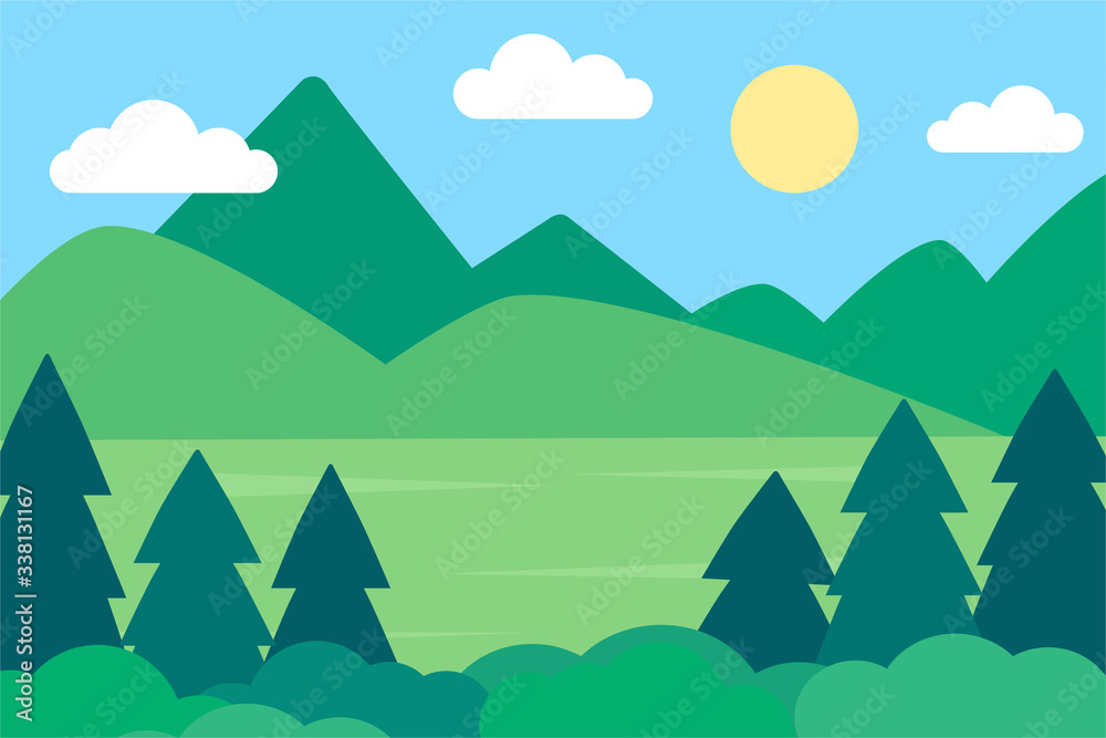Fototapeta premium Landscape with green field with trees and mountains on a sunny day. Natural flat style vector illustration. Summer or spring nature landscape. Vector flat backdrop with space for text