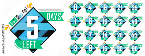 Set countdown tags, number days left banners design template, vector illustration