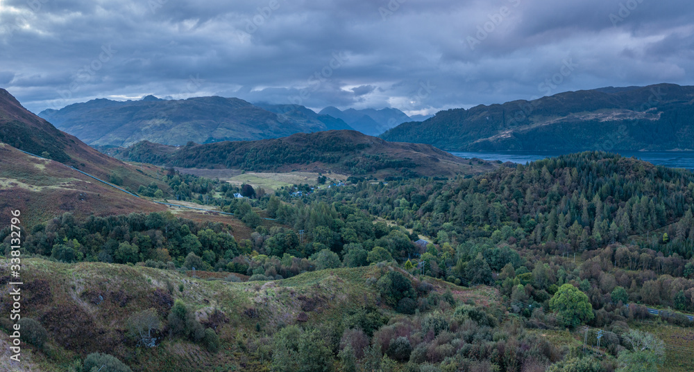 Aerial View over Scottish Highlands at Early Autumn