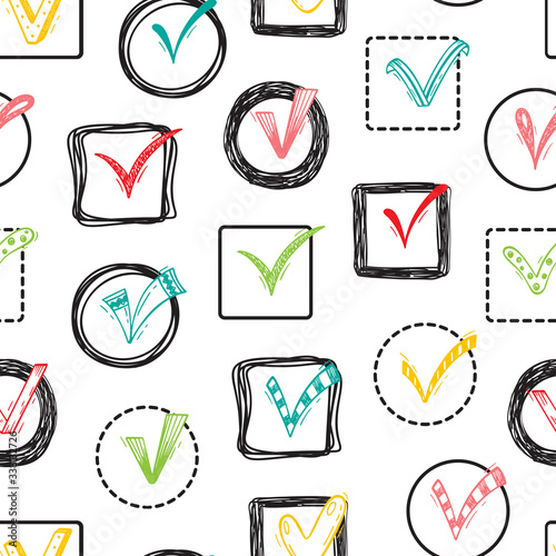 Vector Checkmarks and Checkboxes Seamless pattern. Hand Drawn Doodle Tick Symbol Background
