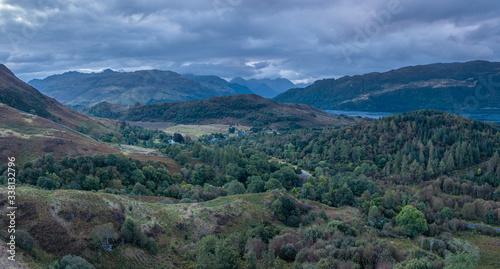 Aerial View over Scottish Highlands at Early Autumn