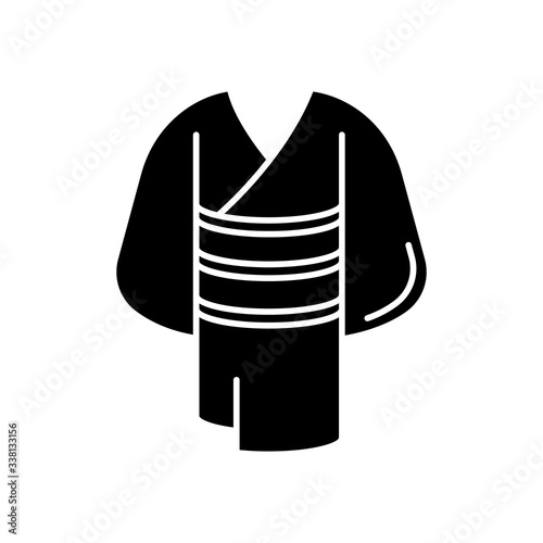 Kimono black glyph icon. Traditional japanese dress with obi belt. Oriental yukata. Ethnic asian clothing. Maiko outfit. Chinese apparel. Silhouette symbol on white space. Vector isolated illustration
