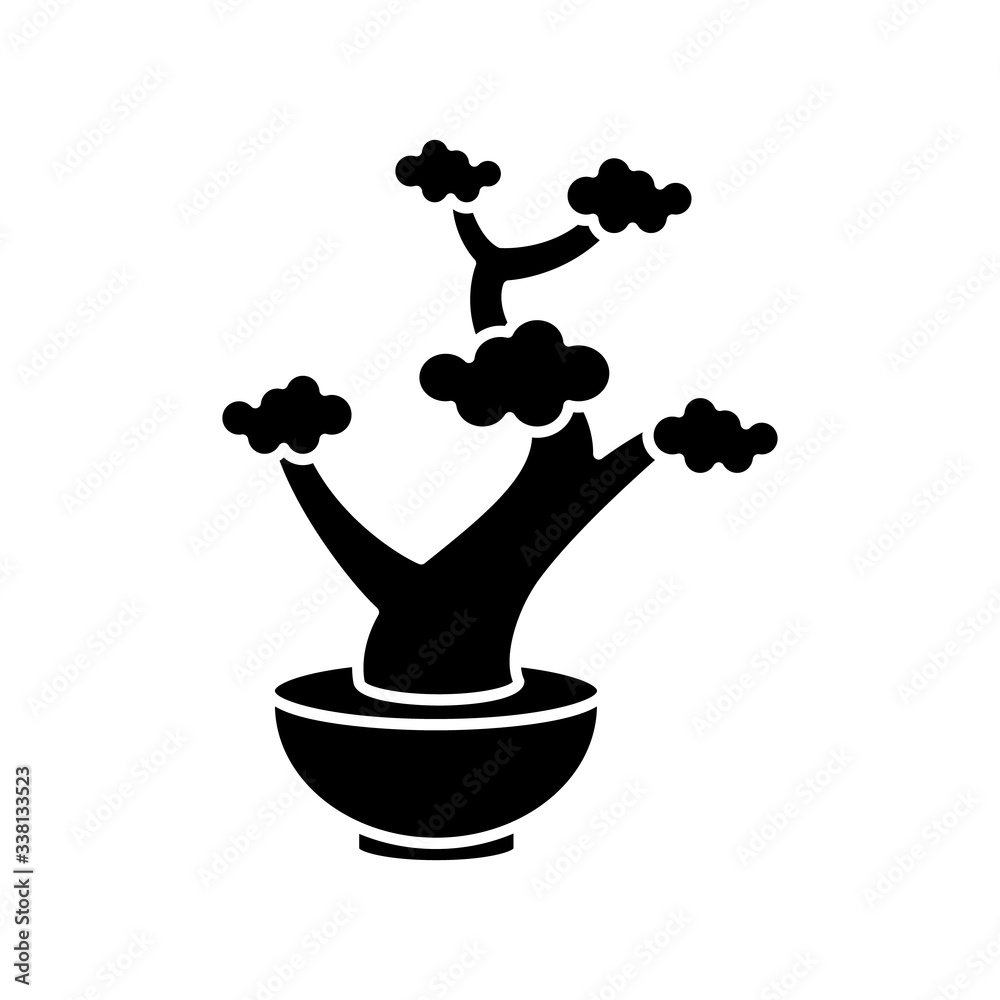 Bonsai black glyph icon. Tiny cultivated potted tree. Decorative gardening. Flowerpot with dwarf plant with foliage on branches. Silhouette symbol on white space. Vector isolated illustration Bonsai black glyph icon. Tiny cultivated potted tree. Decorative gardening. Flowerpot with dwarf plant with foliage on branches. Silhouette symbol on white space. Vector isolated illustration