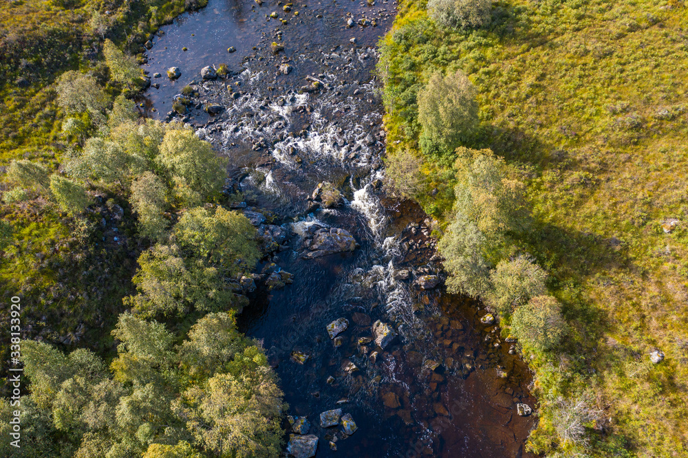 Aerial Top Down View over Moriston  River at Early Autumn in the Higlands of Scotland