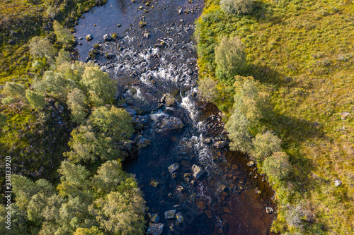 Aerial Top Down View over Moriston River at Early Autumn in the Higlands of Scotland