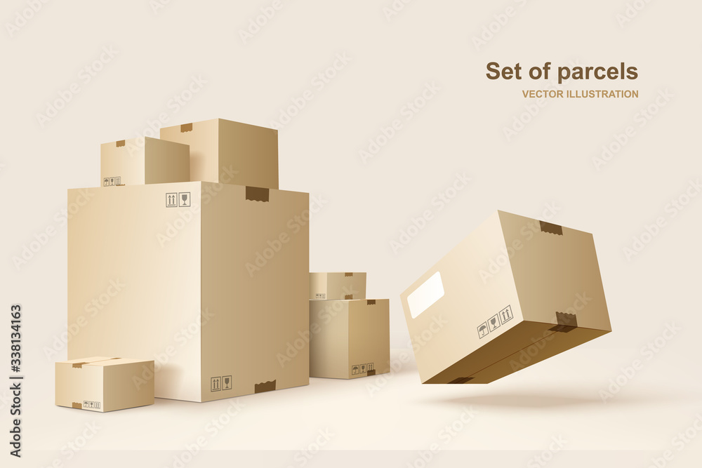 Set of parcels. Template of shopping packages. Cardboard boxes for packing and transportation of goods. Vector concept illustration. Set of parcels. Template of shopping packages. Cardboard boxes for packing and transportation of goods. Vector concept illustration.