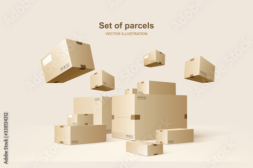 Set of parcels. Template of shopping packages. Cardboard boxes for packing and transportation of goods. Vector concept illustration.