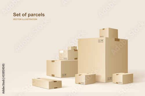 Set of parcels. Template of shopping packages. Cardboard boxes for packing and transportation of goods. Vector concept illustration. © bs_k1d