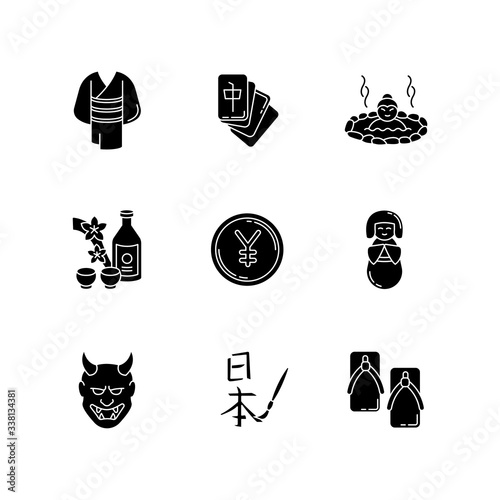 Japan black glyph icons set on white space. Yukata, kimono. Mahjong game. Hot springs. Sake, rice wine. Yen coin. Traditional japanese attributes. Silhouette symbols. Vector isolated illustration