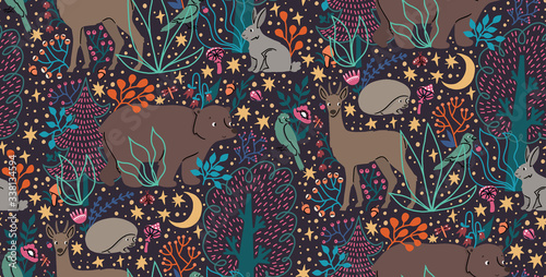 Vector seamless pattern with hand drawn flat funny animals bear, deer, hedgehog, hare, bird, trees. Cute background with forest. Woodland ornament for childrens design, print, textile, wallpaper.