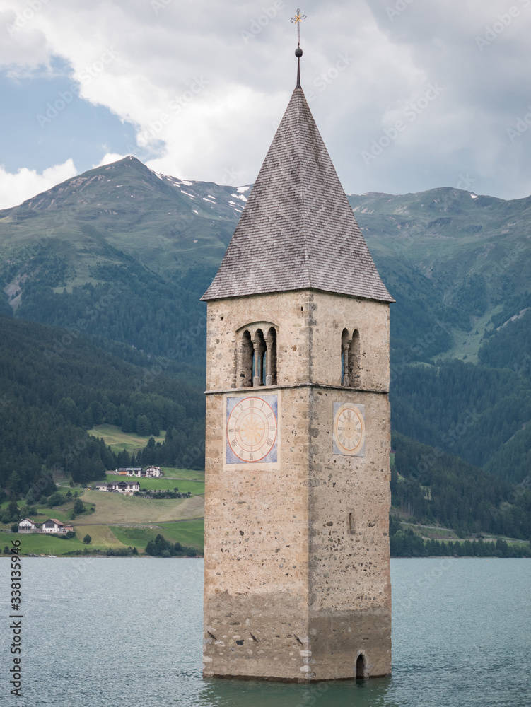 Close-up view of the famous church tower in Lake Resia/Reschen in Graun/Curon, Vinschgau/Venosta, Italy
