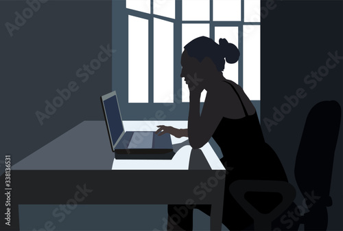 Girl with a laptop at the desk. Color vector illustration.