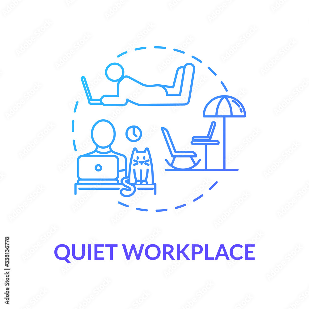 Quiet workplace blue concept icon. Personal work space at desk. Remote job. Work comfortably at home. Quarantine idea thin line illustration. Vector isolated outline RGB color drawing Quiet workplace blue concept icon. Personal work space at desk. Remote job. Work comfortably at home. Quarantine idea thin line illustration. Vector isolated outline RGB color drawing